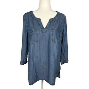 Lands' End Womens Blue 3/4 Sleeve Relaxed Lyocell Denim Tunic Blouse Top Size 12